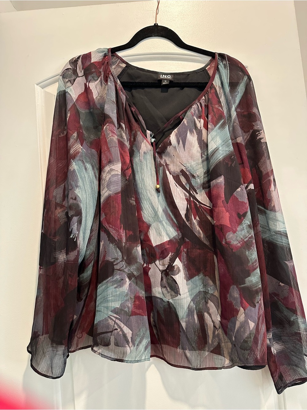 INC International Concepts Burgundy, Teal & Gray Sheer Floral Blouse